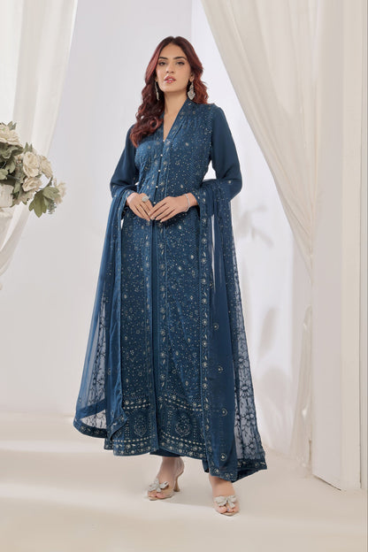 Alina Teal Front Cut Floral Chikankari Anarkali Suit
