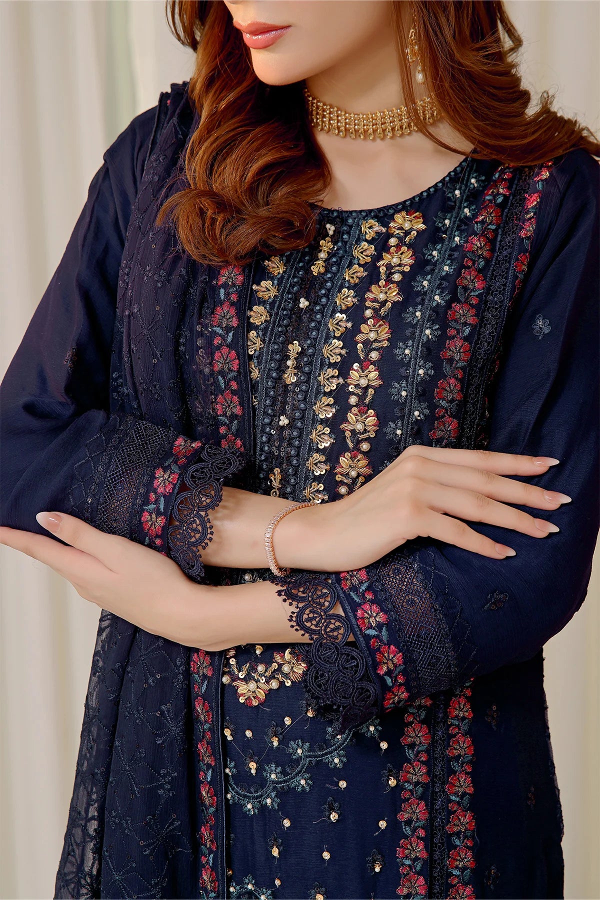 Saira Navy Blue Heavy Handwork Chiffon Suit