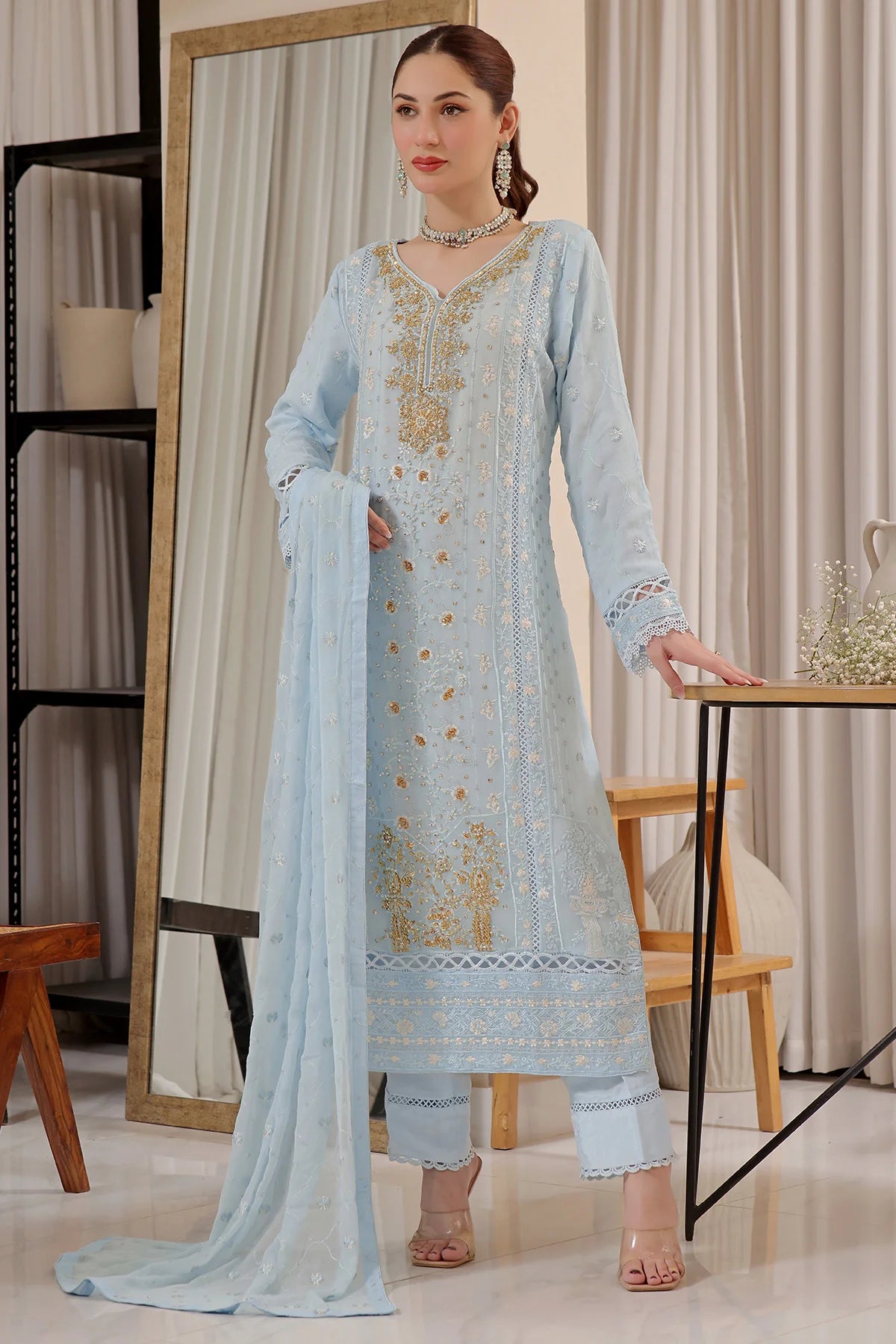 Ice Blue Hania Heavy Embroidery Salwar Kameez