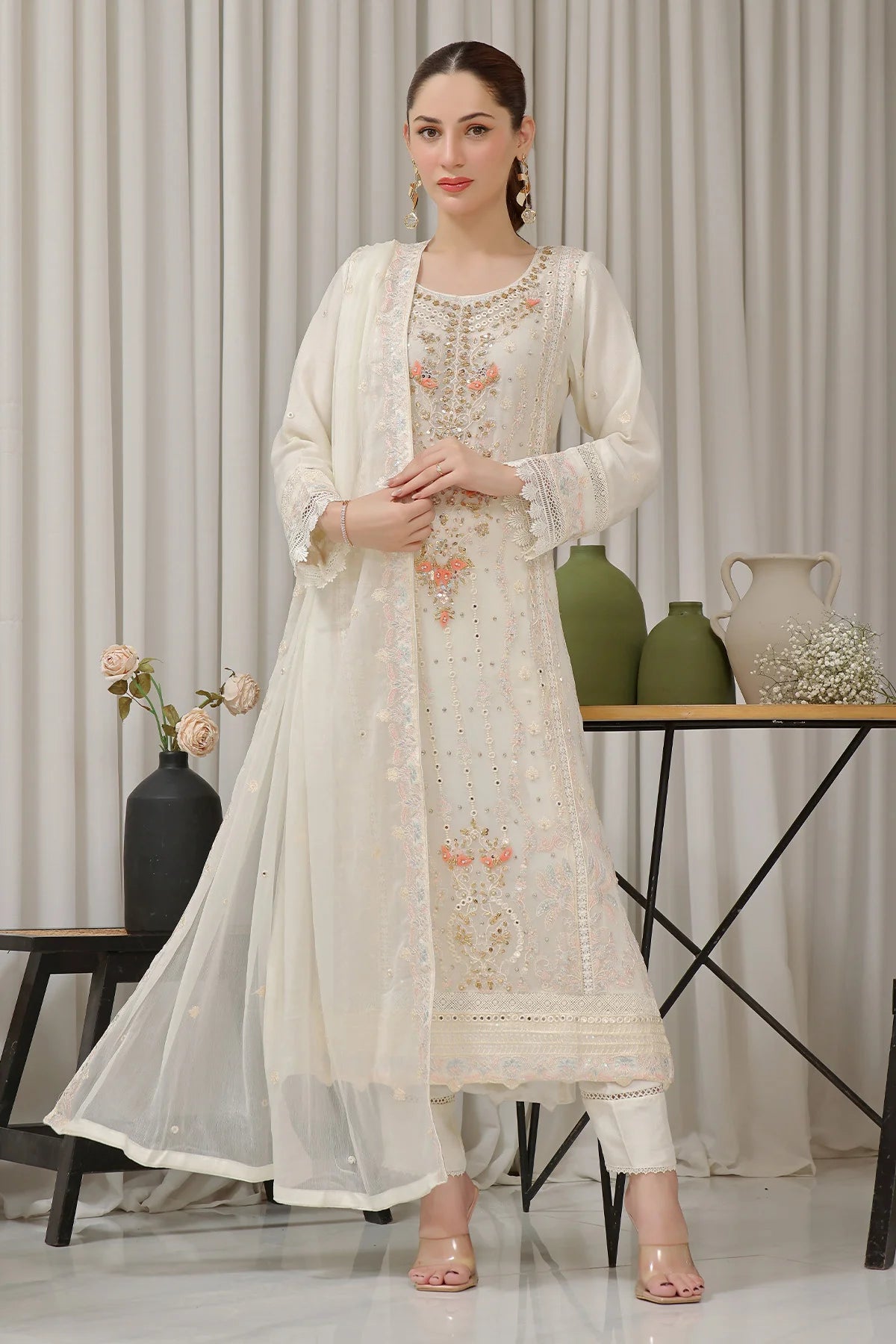 Off White Saira Heavy Handwork Chiffon Salwar Kameez