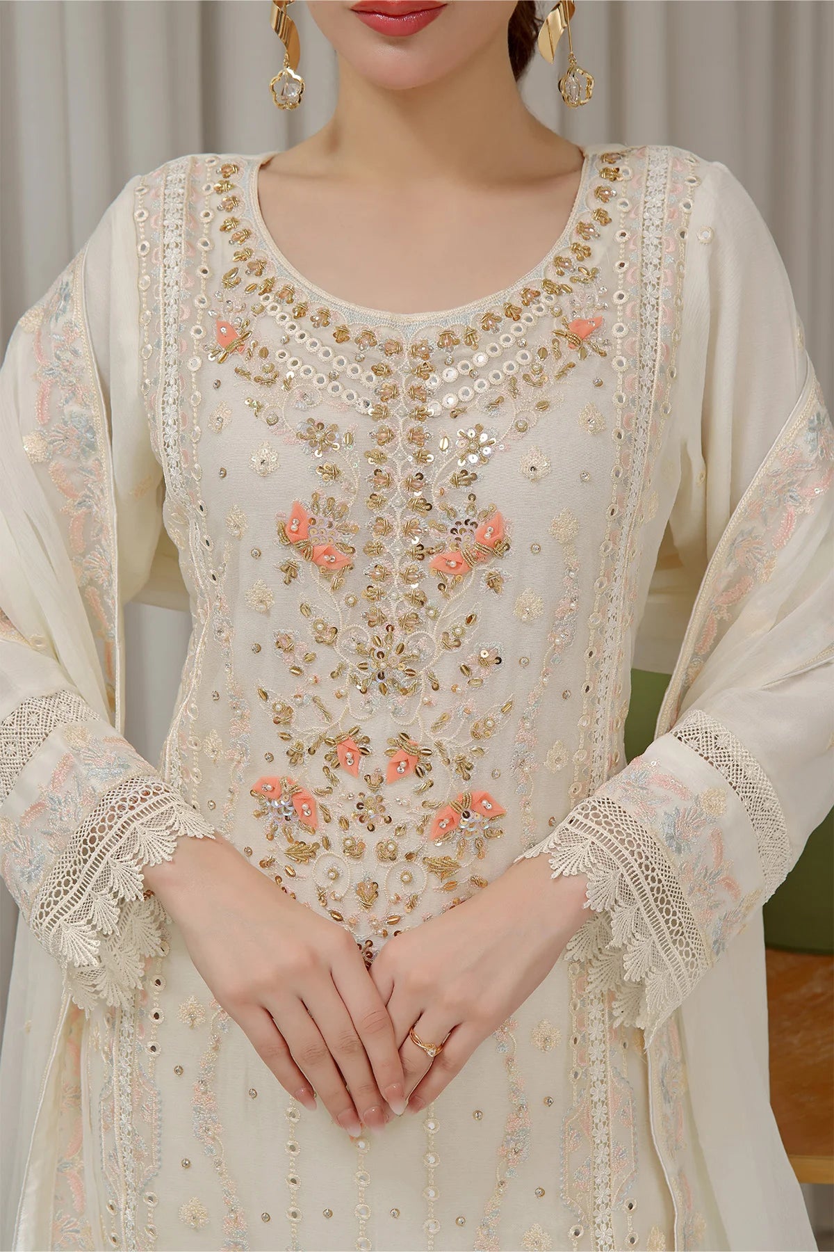 Off White Saira Heavy Handwork Chiffon Salwar Kameez