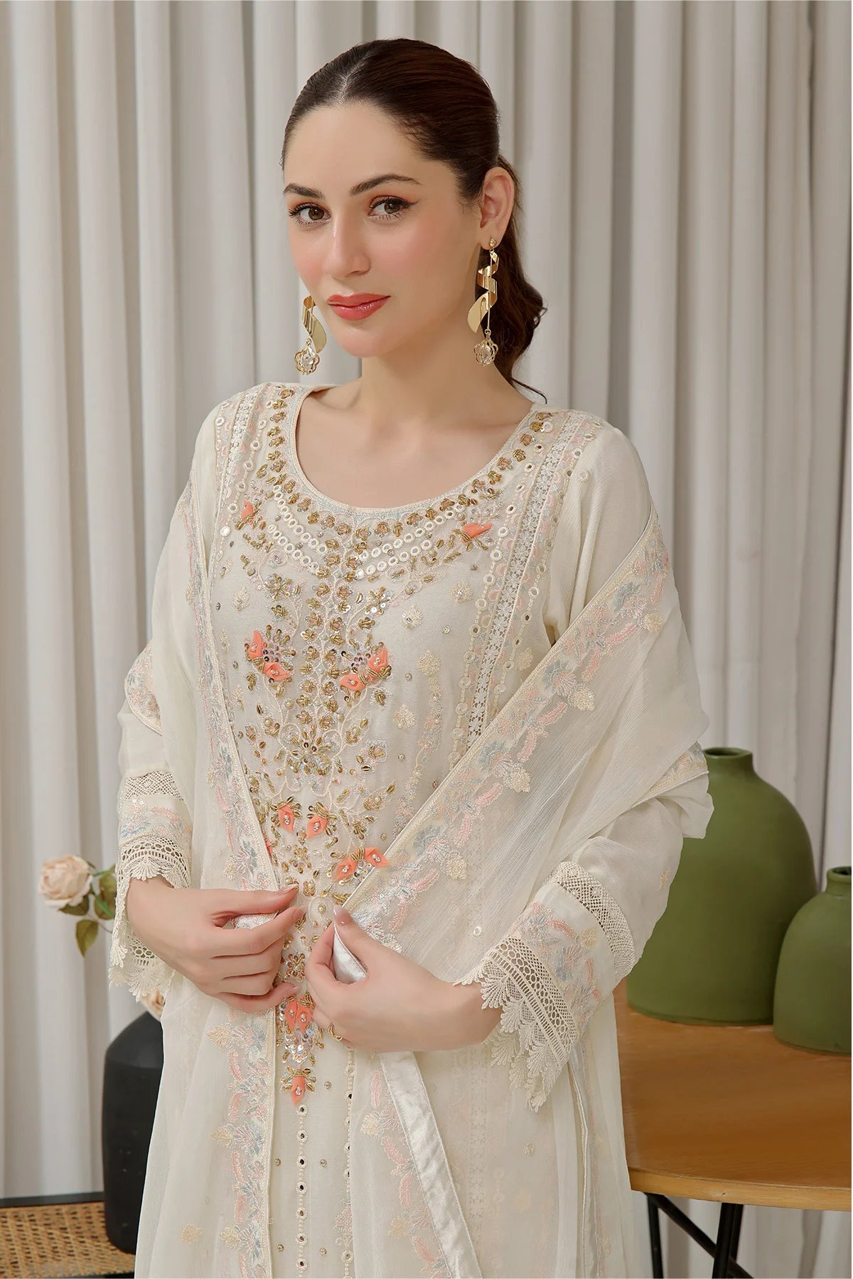 Off White Saira Heavy Handwork Chiffon Salwar Kameez