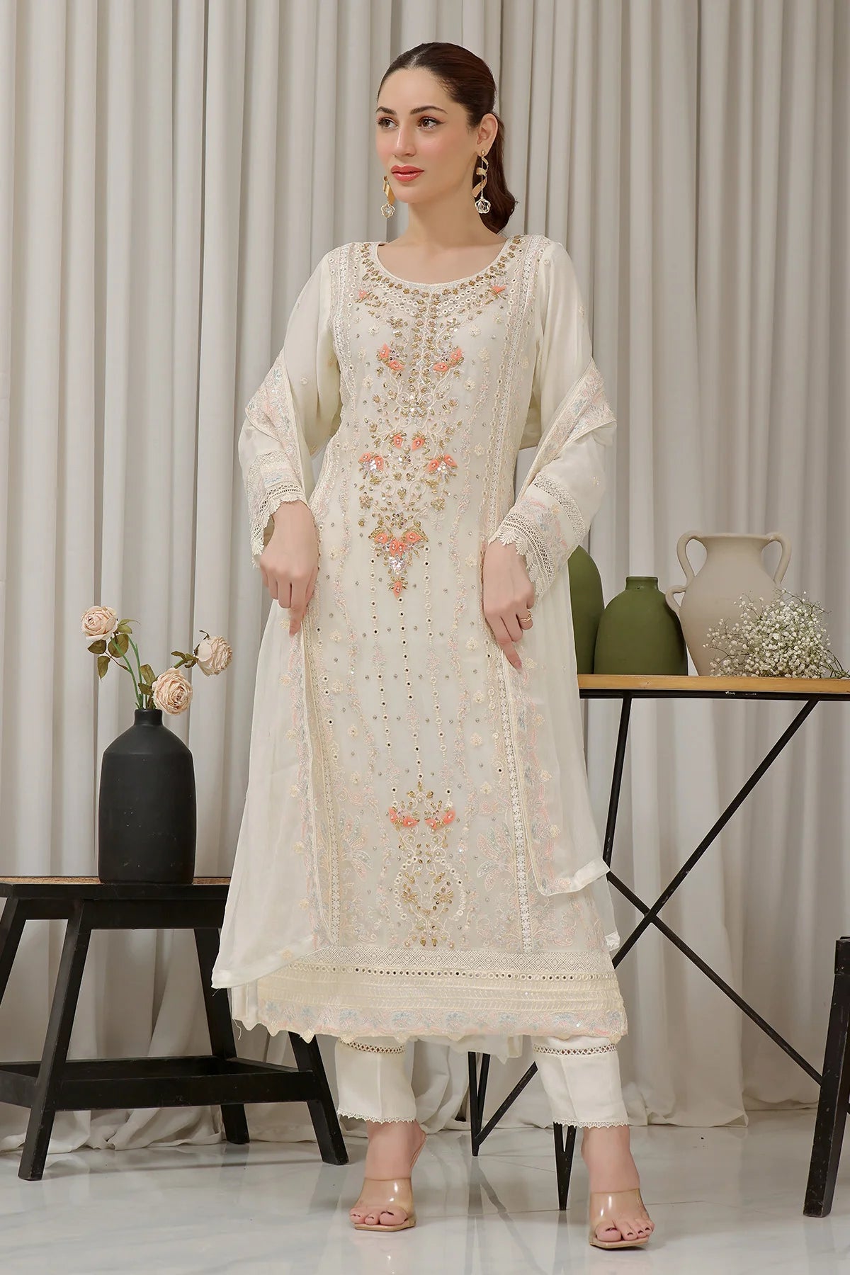 Off White Saira Heavy Handwork Chiffon Salwar Kameez