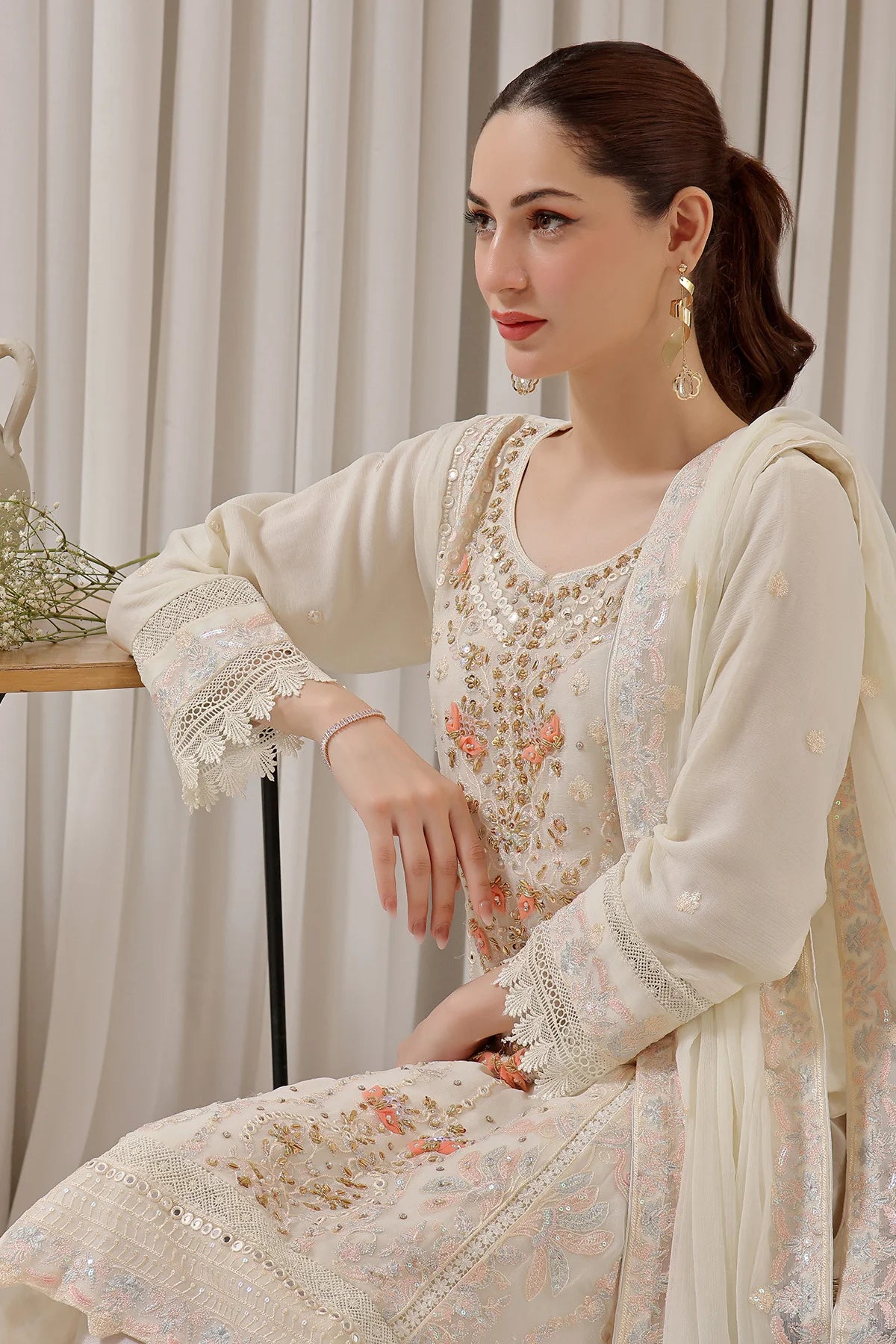 Off White Saira Heavy Handwork Chiffon Salwar Kameez