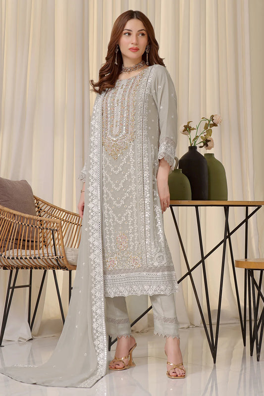 Light Grey Hania Heavy Handwork Chiffon Salwar Kameez