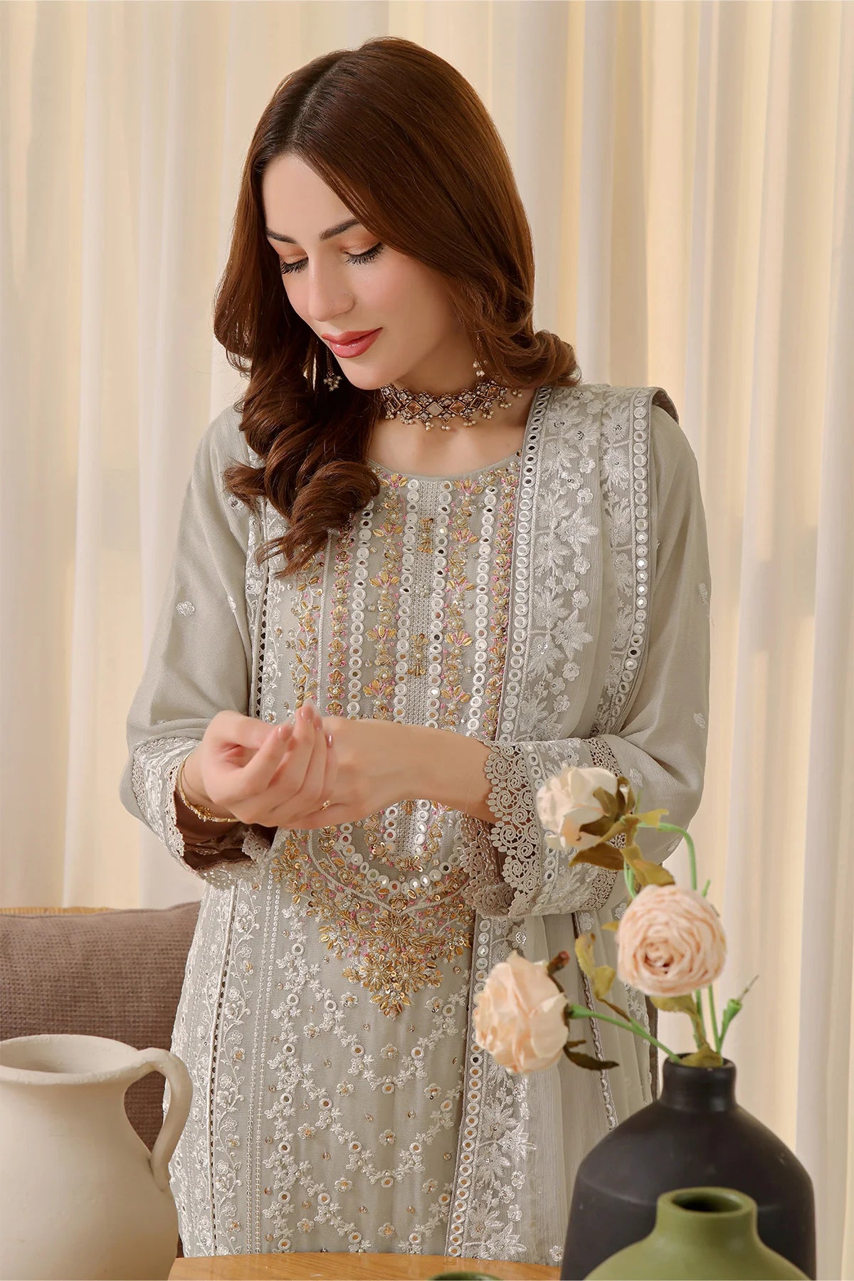 Light Grey Hania Heavy Handwork Chiffon Salwar Kameez