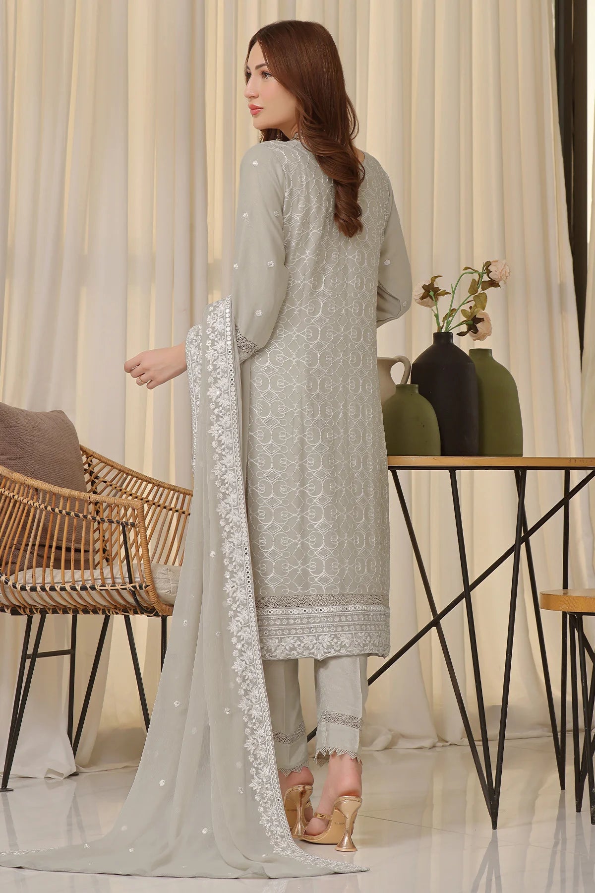 Light Grey Hania Heavy Handwork Chiffon Salwar Kameez