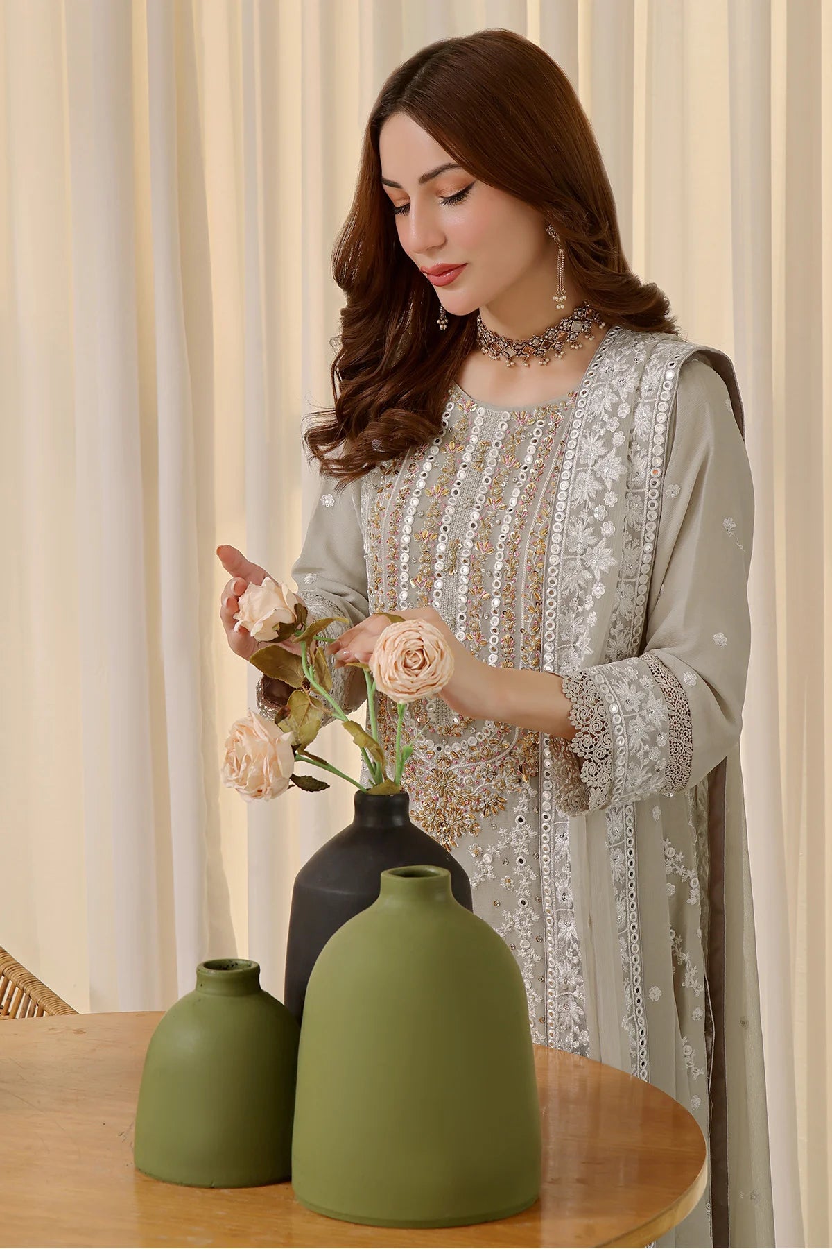 Light Grey Hania Heavy Handwork Chiffon Salwar Kameez