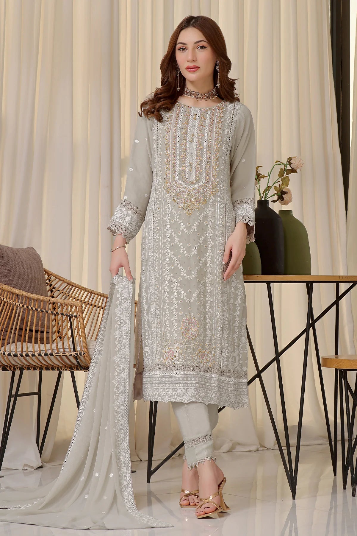 Light Grey Hania Heavy Handwork Chiffon Salwar Kameez