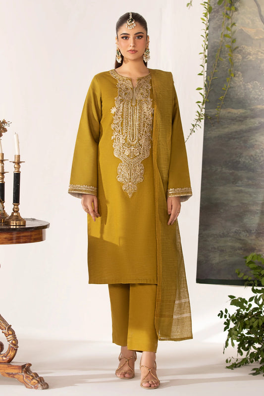 Luxe Olive Khaddar Front Embroidery Salwar Kameez