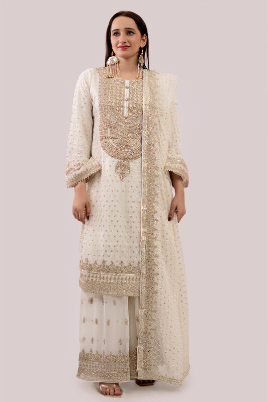 Zeenat Collection Design 4 – Ivory Gold Embellished Gharara Set