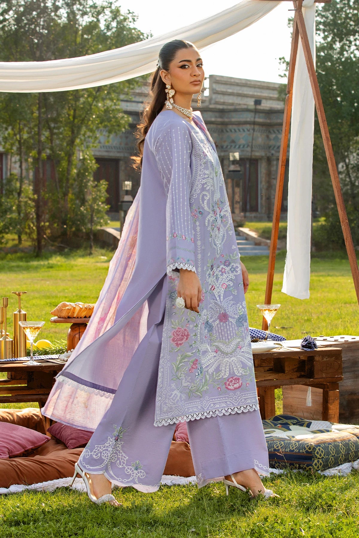 Lilac Mehek Lacework Embroidered Palazzo Kameez Suit