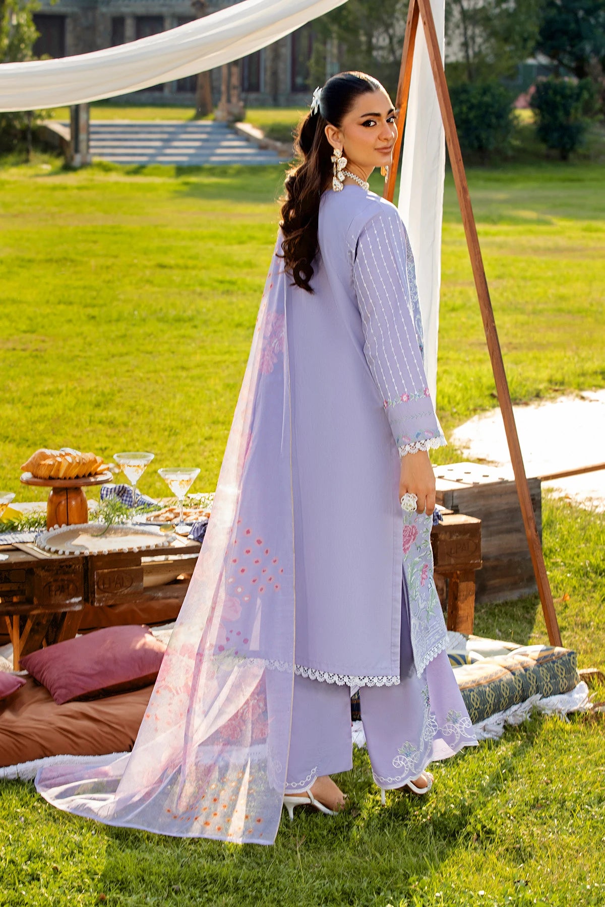 Lilac Mehek Lacework Embroidered Palazzo Kameez Suit