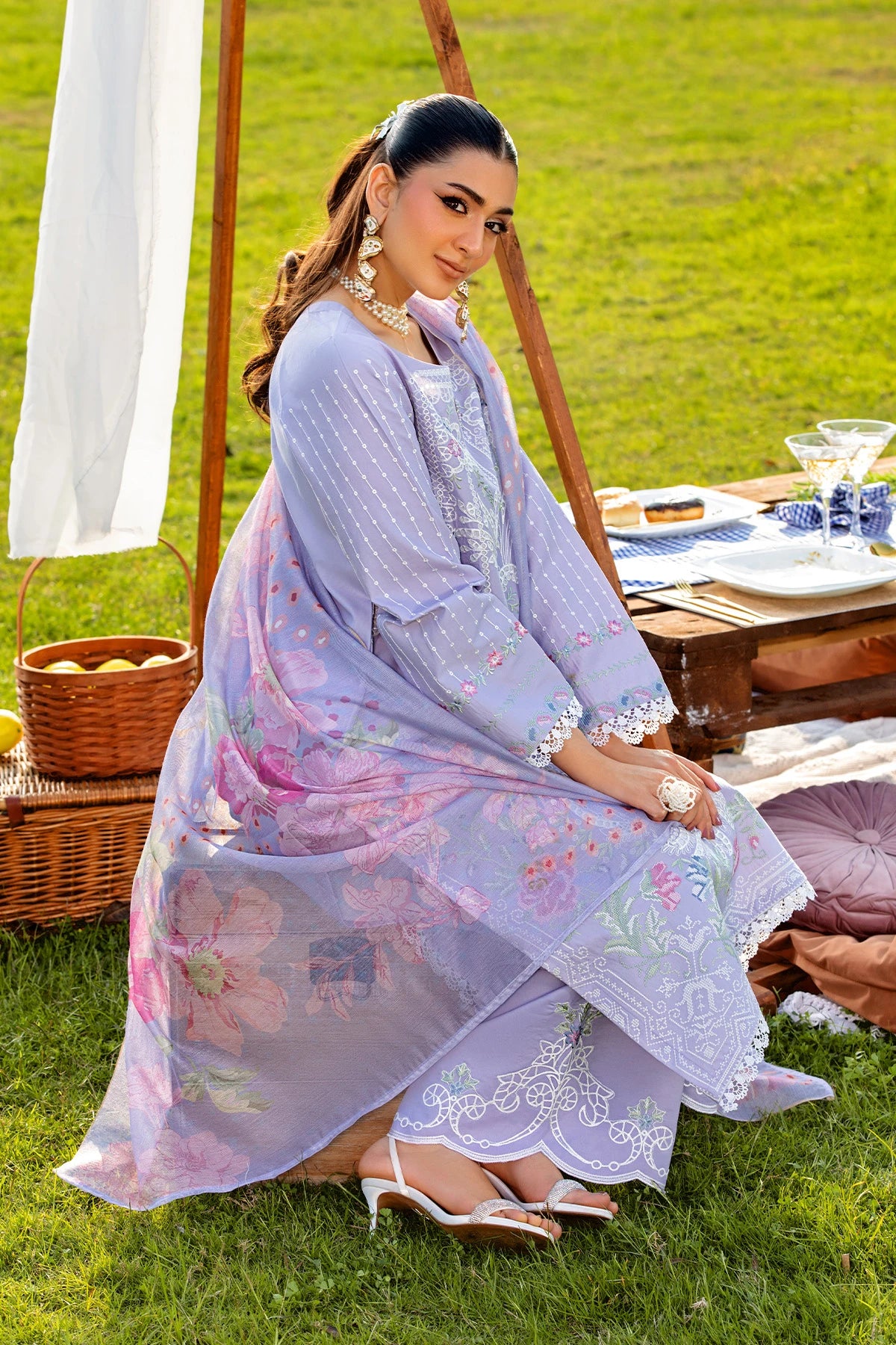 Lilac Mehek Lacework Embroidered Palazzo Kameez Suit