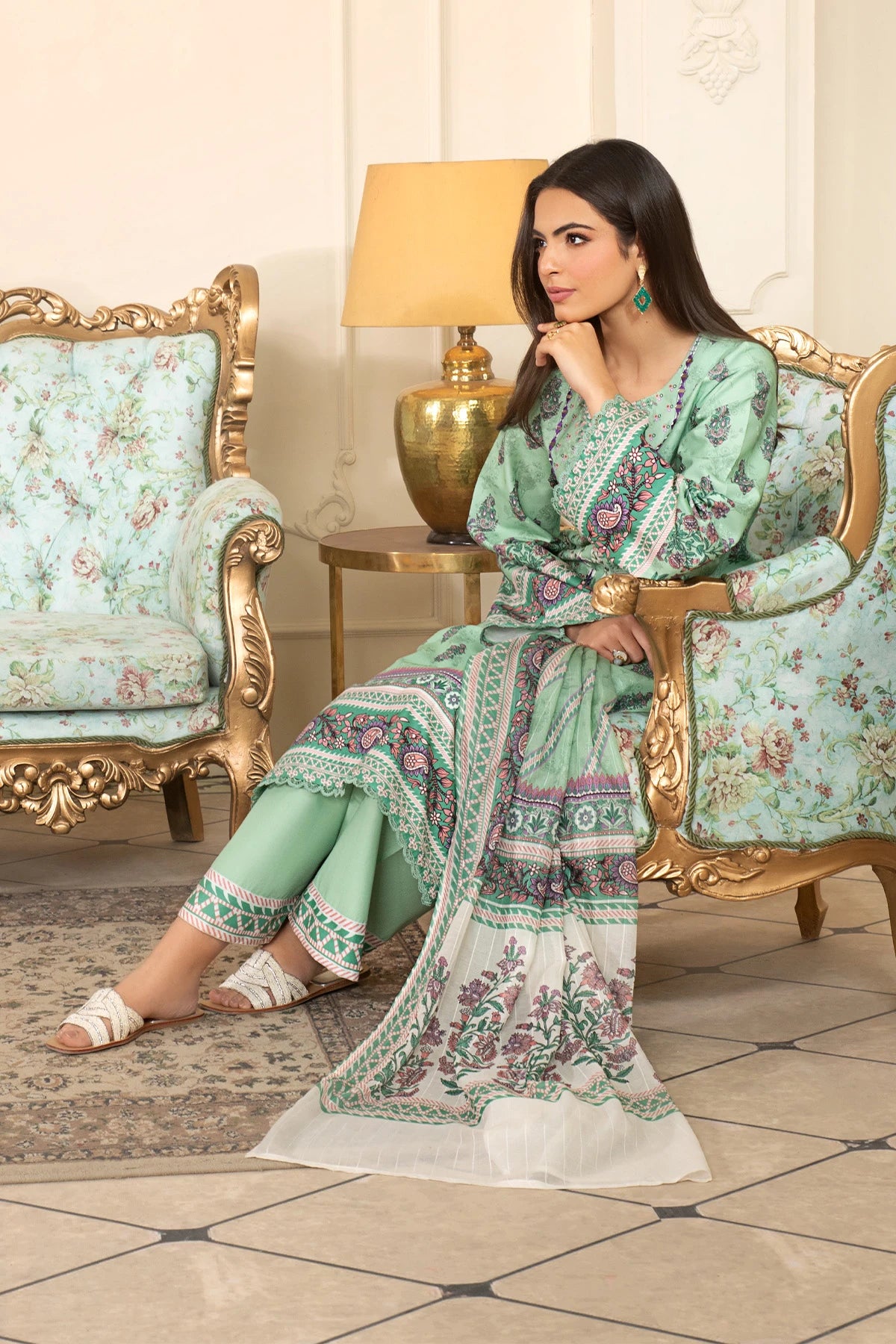 Pastel Green Mehek Mirror Embroidery Palazzo Suit