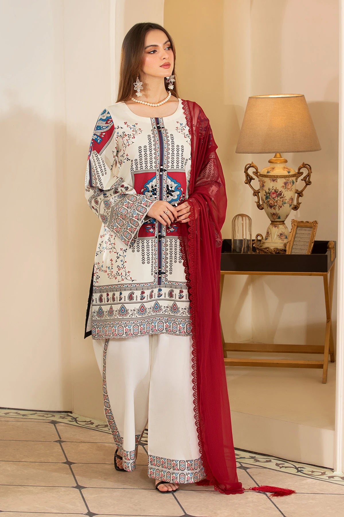 Moroccan White Mehek Mirrorwork Embroidered Palazzo Kameez Suit