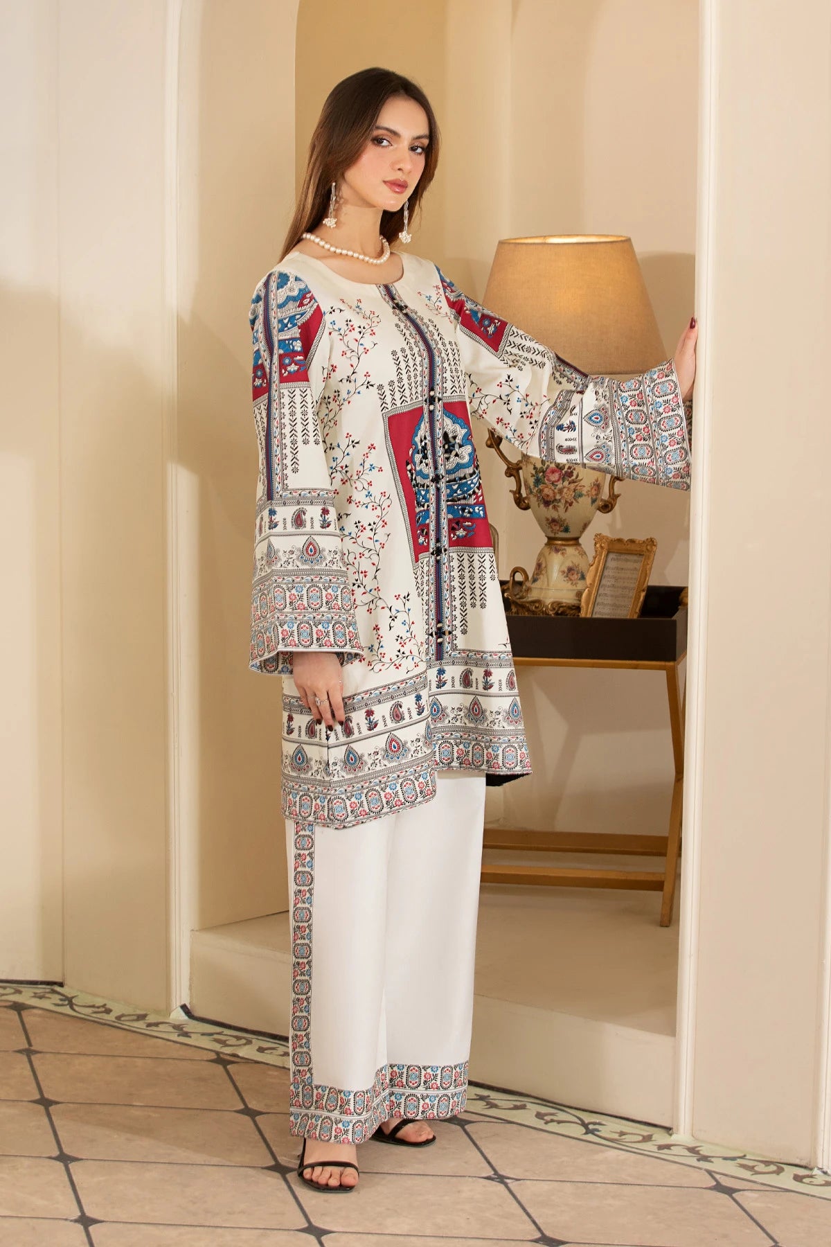 Moroccan White Mehek Mirrorwork Embroidered Palazzo Kameez Suit
