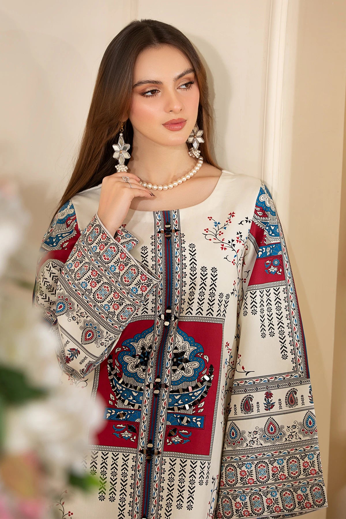 Moroccan White Mehek Mirrorwork Embroidered Palazzo Kameez Suit