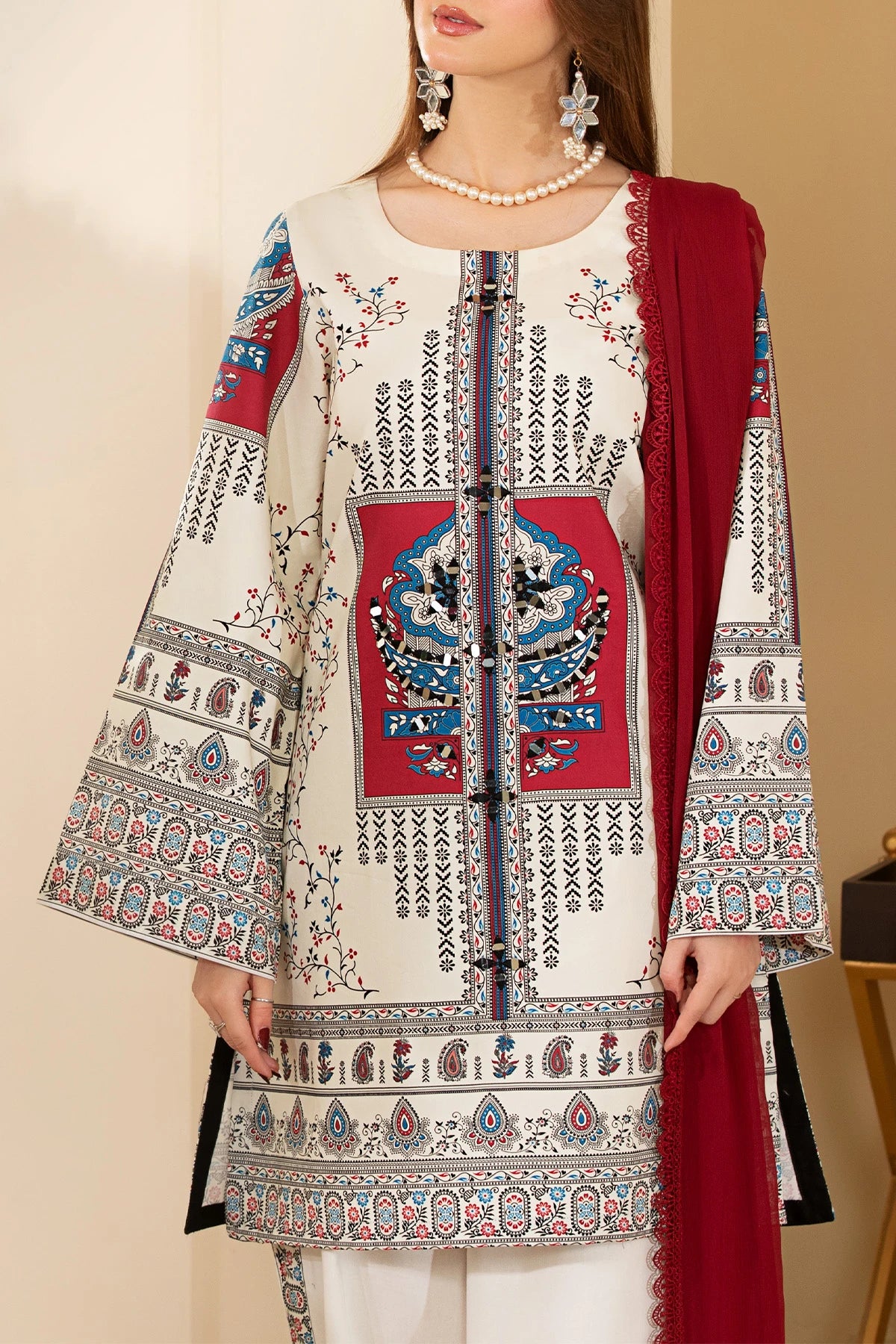 Moroccan White Mehek Mirrorwork Embroidered Palazzo Kameez Suit