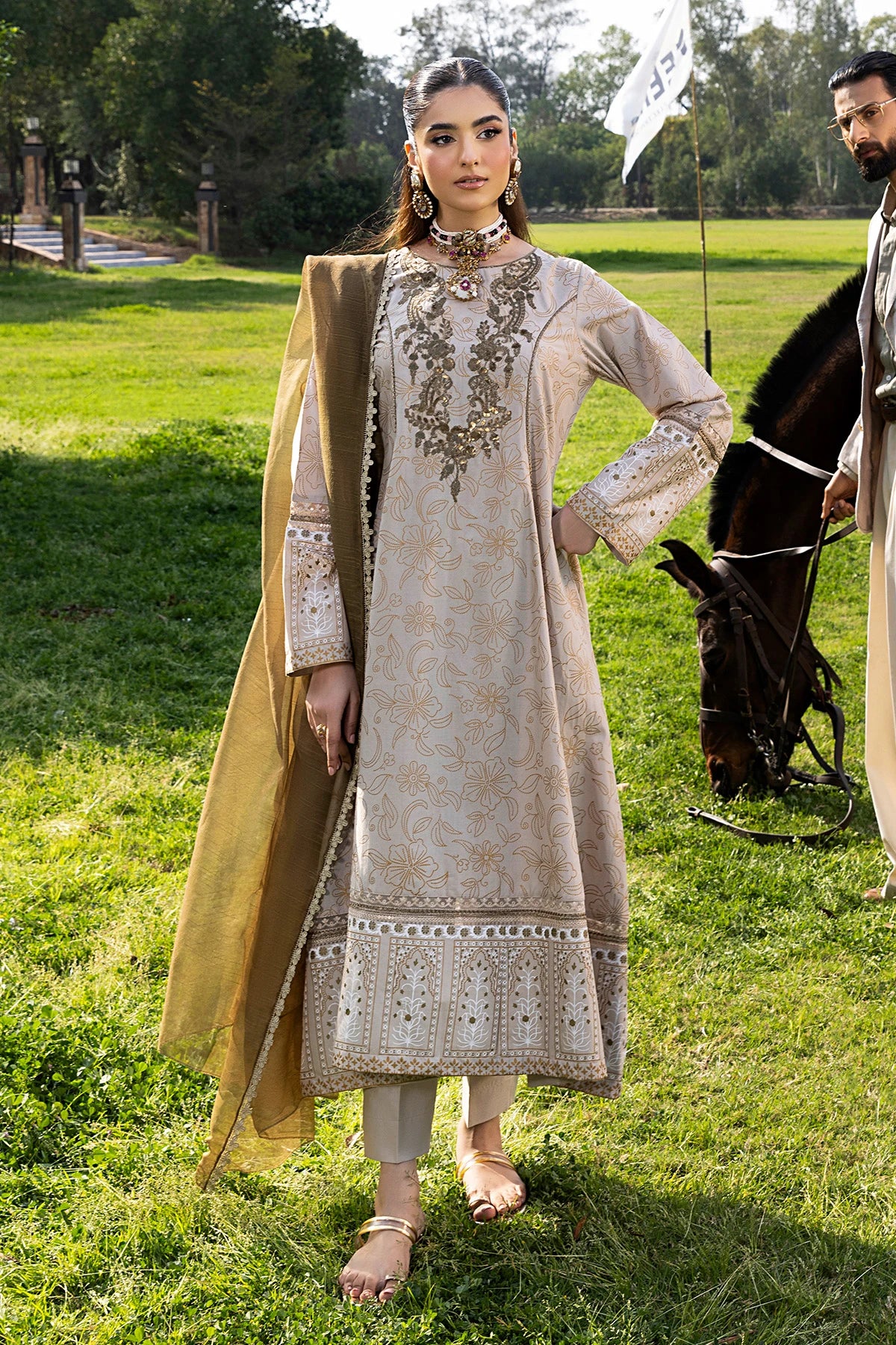 Khaki Frock Mehek Sequin Embroidered Suit
