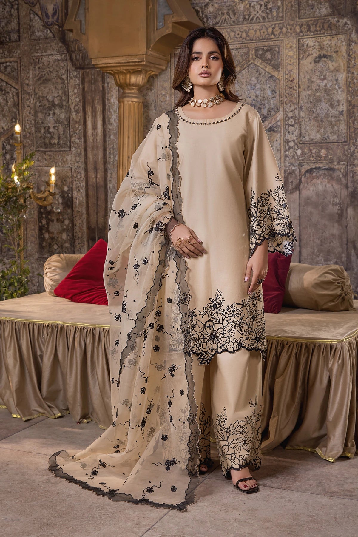 Coffee Nova Mehek Embroidered Trouser Kameez Suit