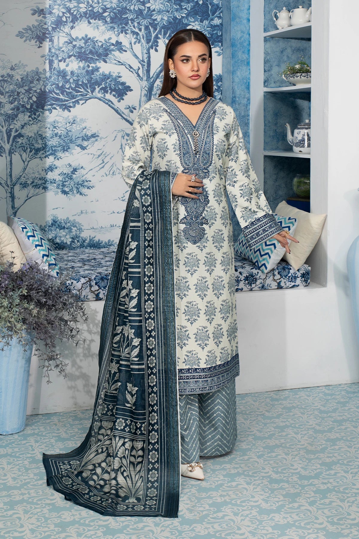 Misty Grey Mehek Embroidery Palazzo Suit