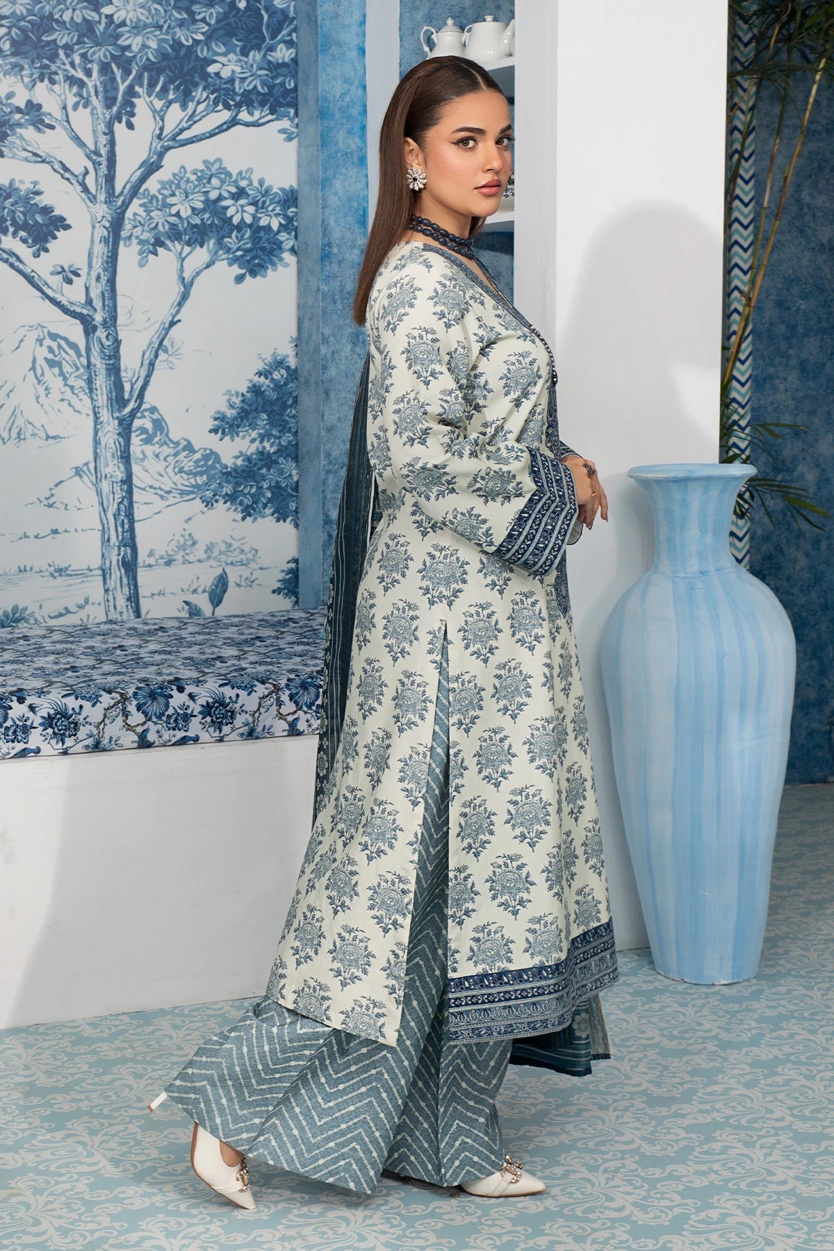 Misty Grey Mehek Embroidery Palazzo Suit