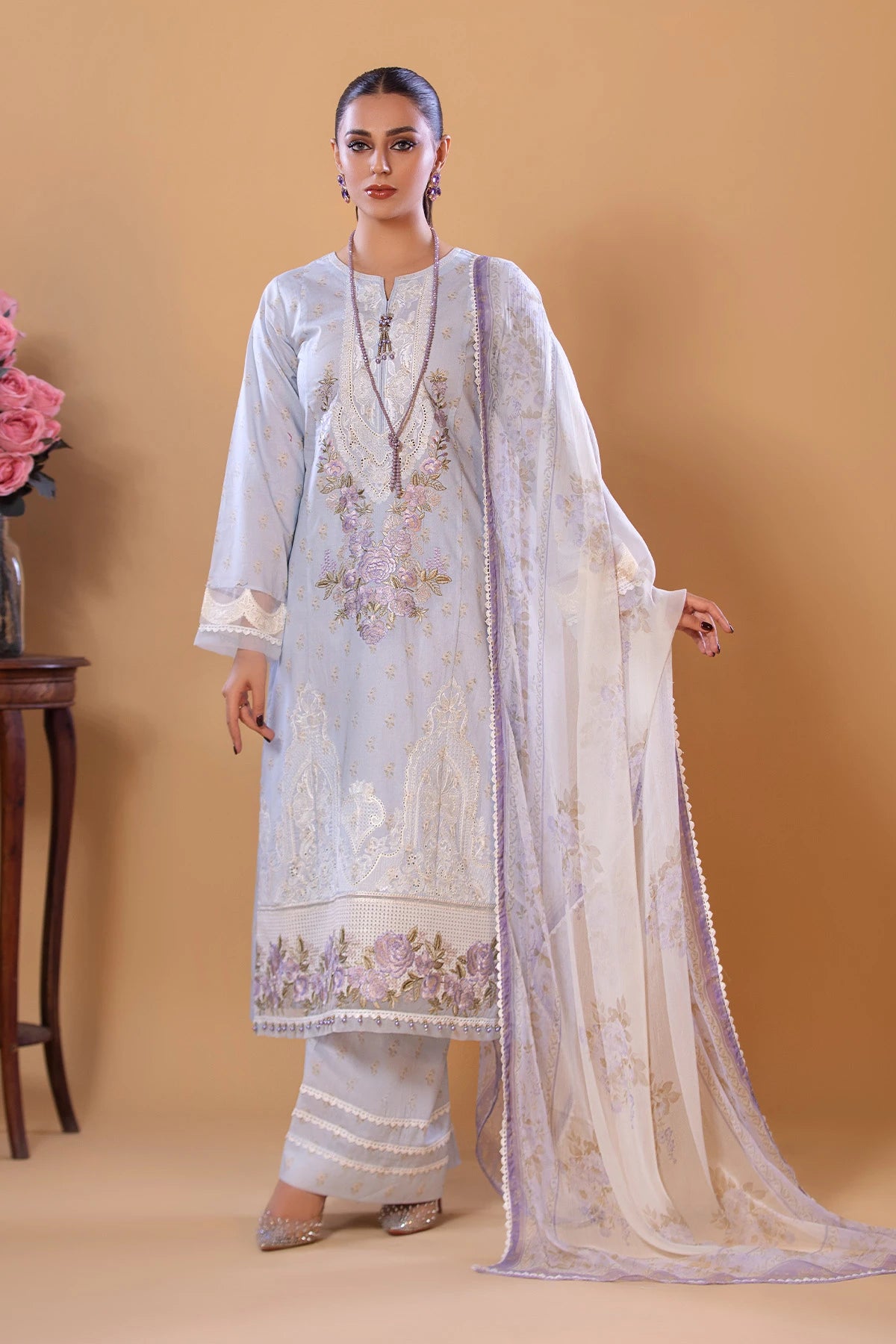Light Blue Mehek Embroidered Palazzo Kameez Suit