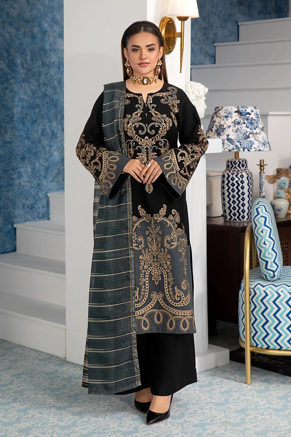 Midnight Black Gold Mehek Full Embroidery Palazzo Suit