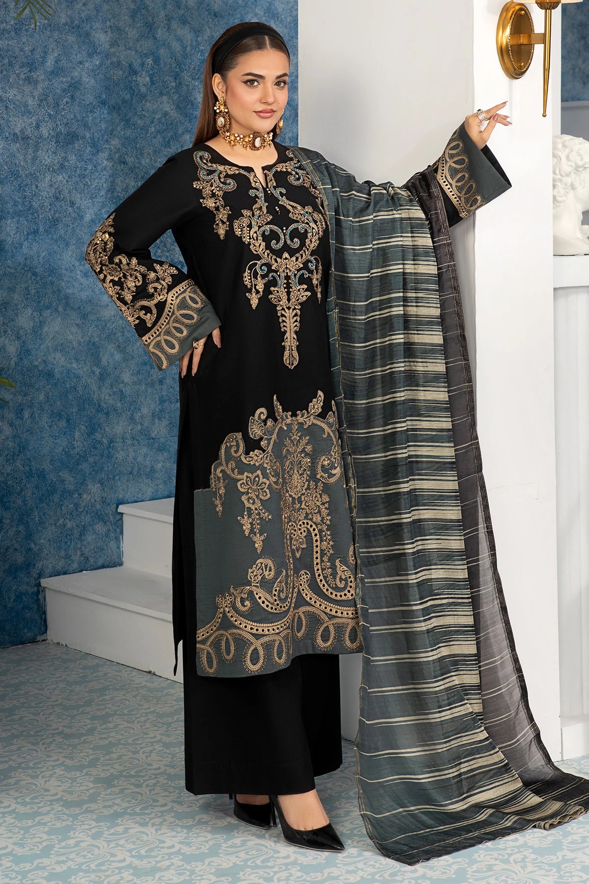 Midnight Black Gold Mehek Full Embroidery Palazzo Suit