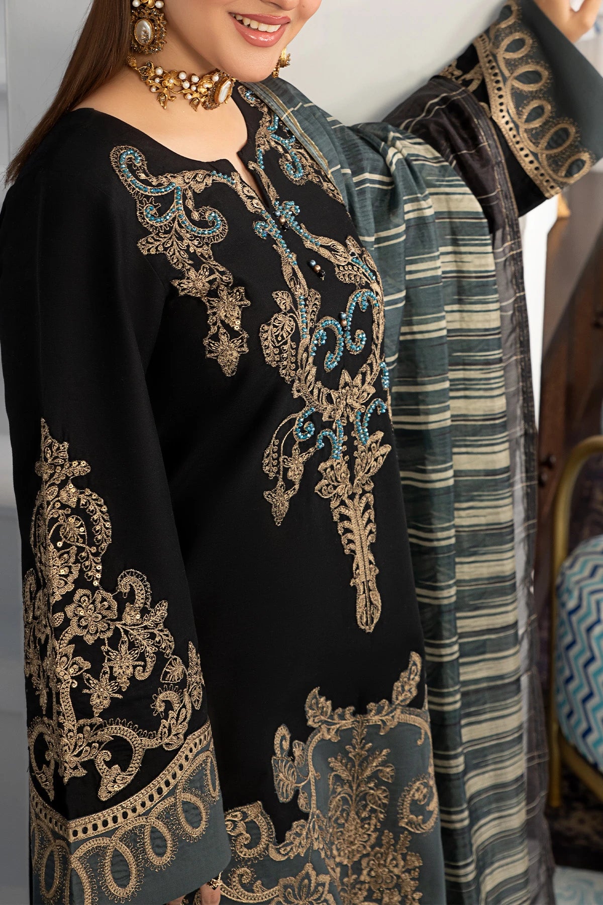 Midnight Black Gold Mehek Full Embroidery Palazzo Suit