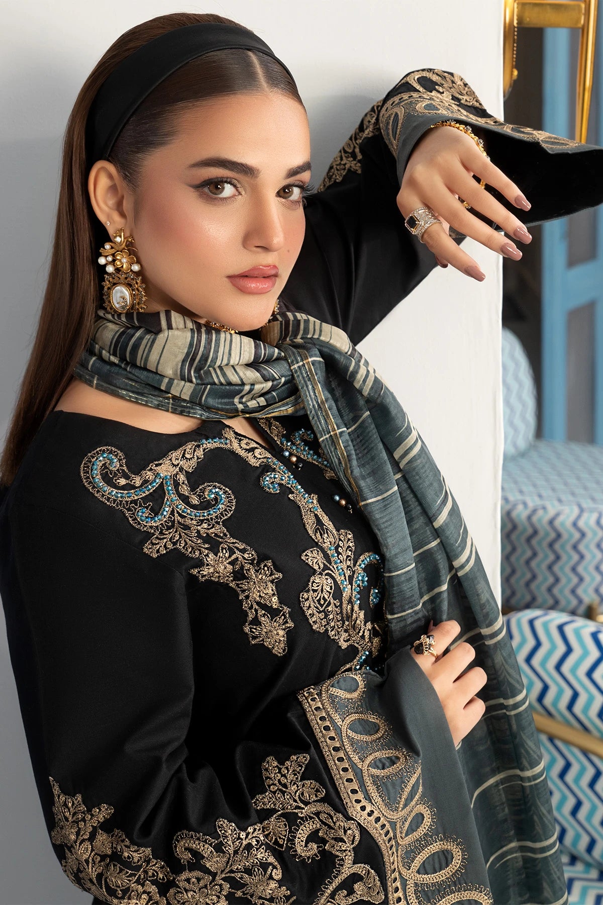 Midnight Black Gold Mehek Full Embroidery Palazzo Suit