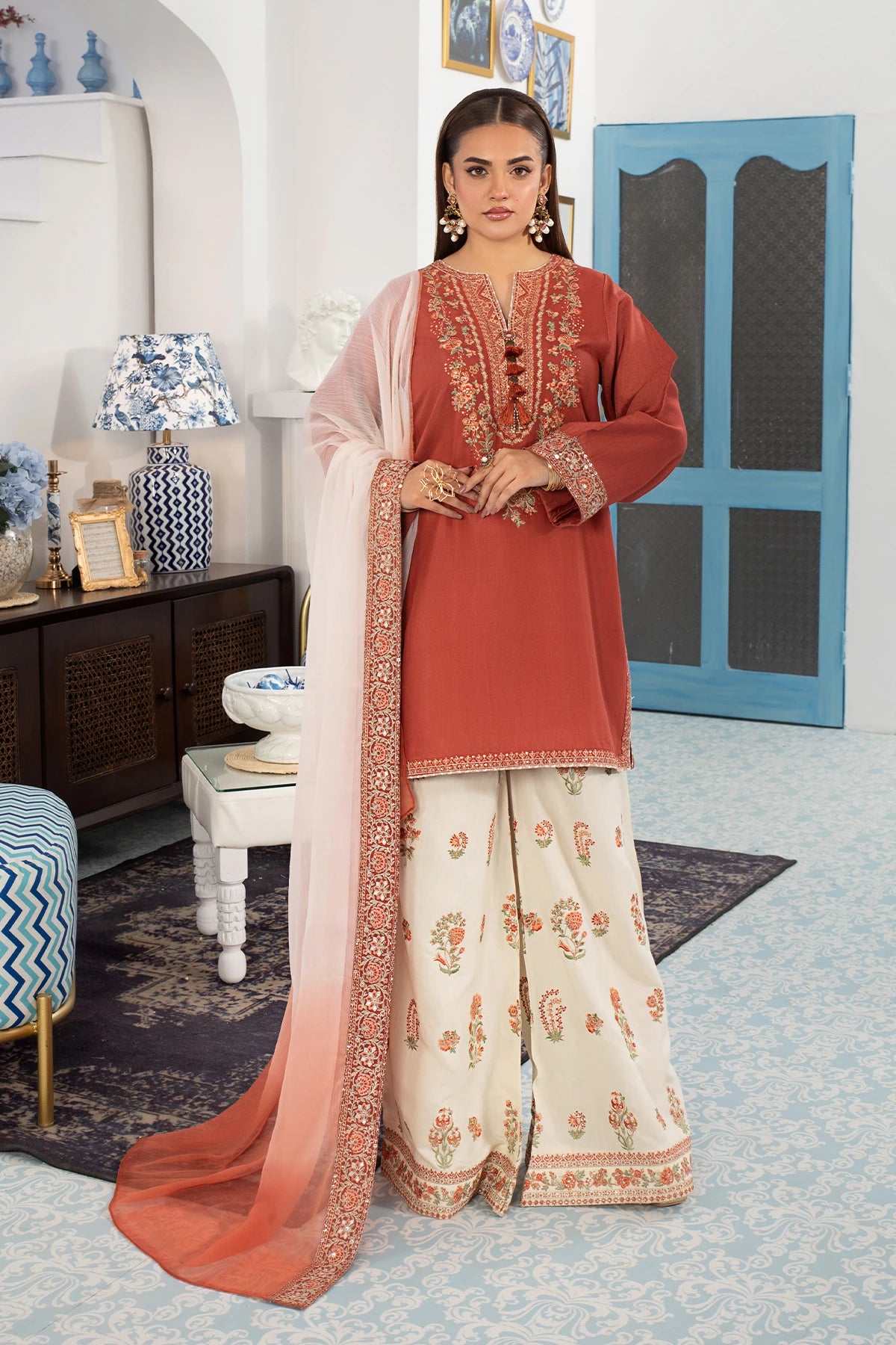 Burnt Orange Mehek Short Kameez Trouser Suit