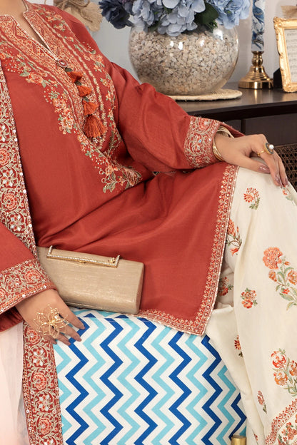 Burnt Orange Mehek Short Kameez Trouser Suit