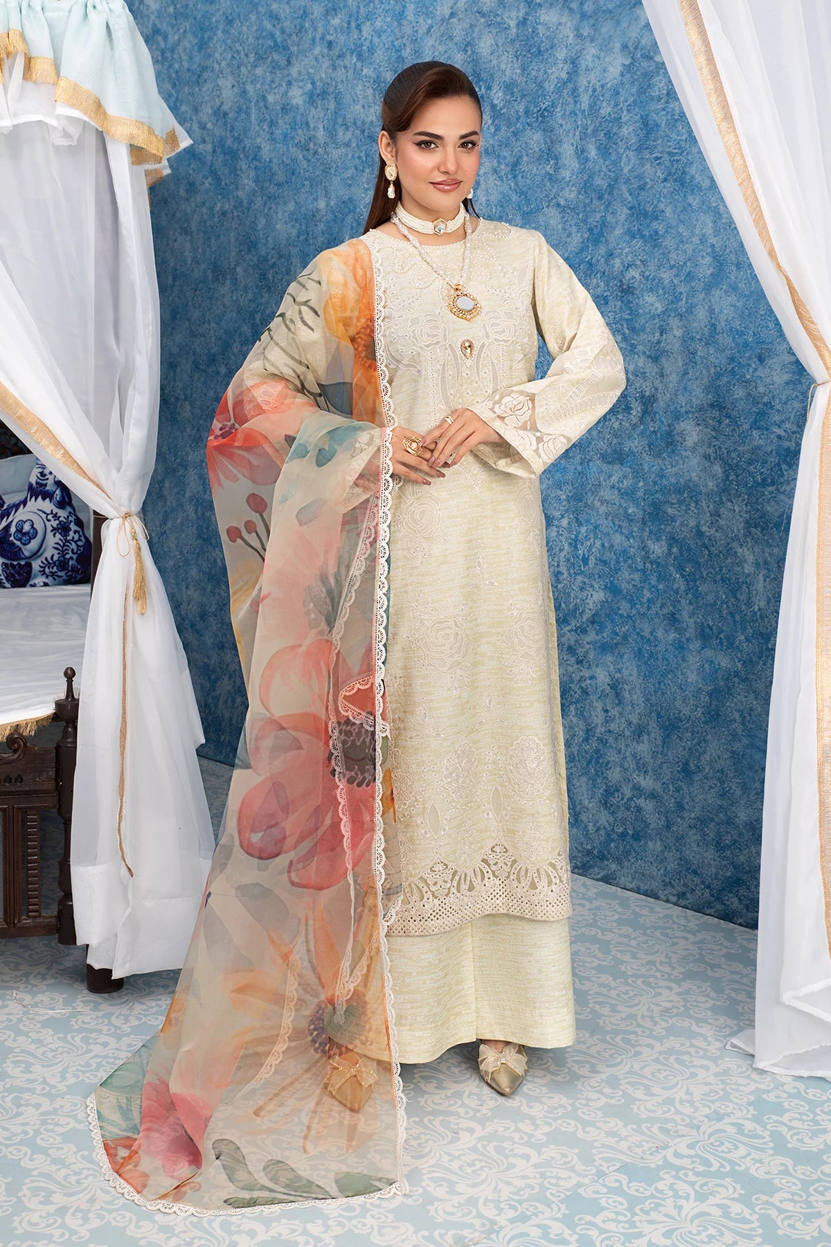 Elegant Cream Mehek Petal Rose Palazzo Kameez Suit