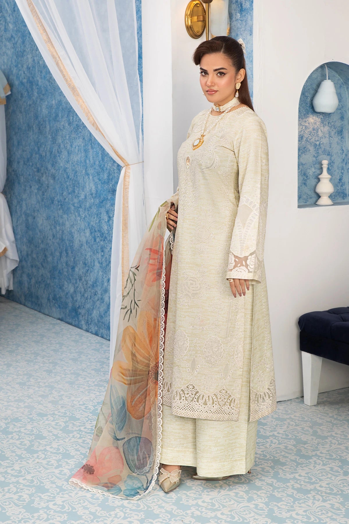 Elegant Cream Mehek Petal Rose Palazzo Kameez Suit