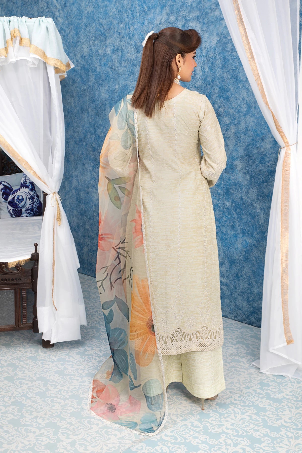 Elegant Cream Mehek Petal Rose Palazzo Kameez Suit
