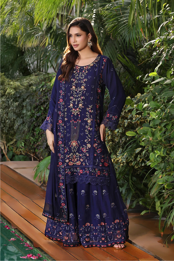Navy Blue Embroidered Sharara Suit | Drape Edit '26 | Pakistani Party Wear β London