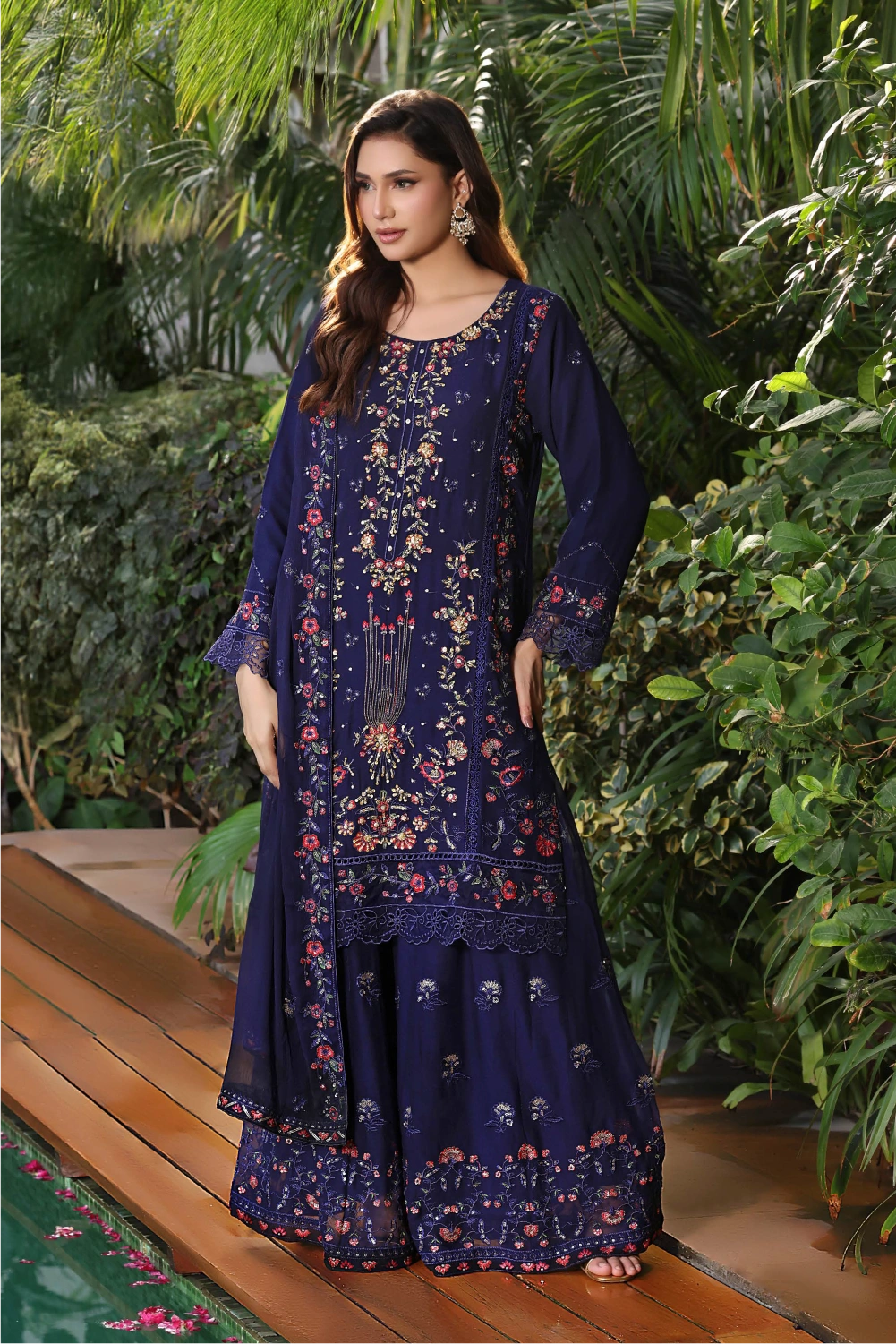 Navy Blue Embroidered Sharara Suit | Drape Edit '26 | Pakistani Party Wear – London