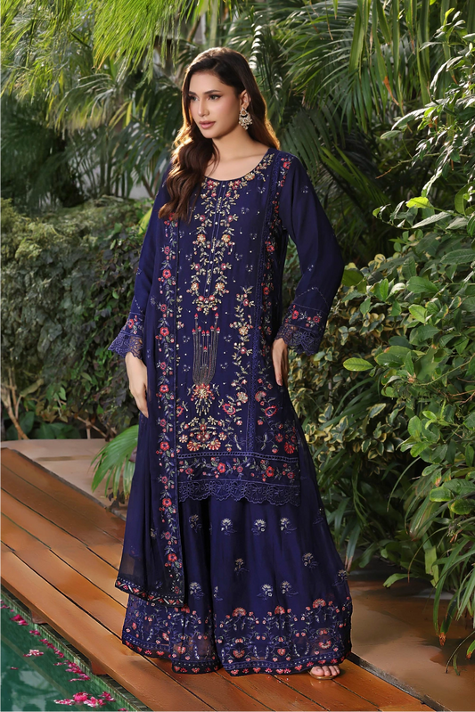 Navy Blue Embroidered Sharara Suit | Drape Edit '26 | Pakistani Party Wear – London