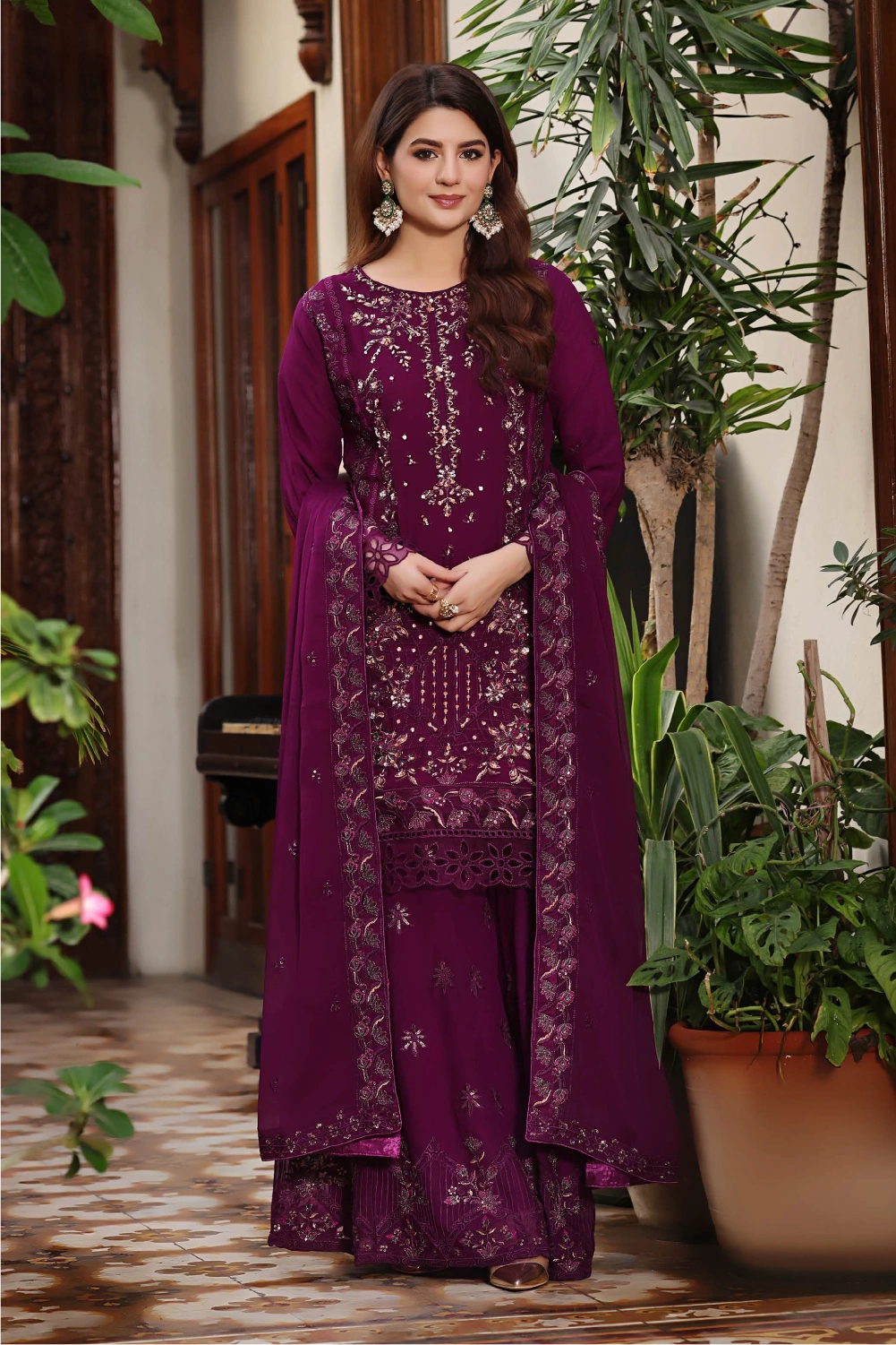 Wine Purple Embroidered Sharara Suit | Drape Edit '26 | Pakistani Party Wear – London