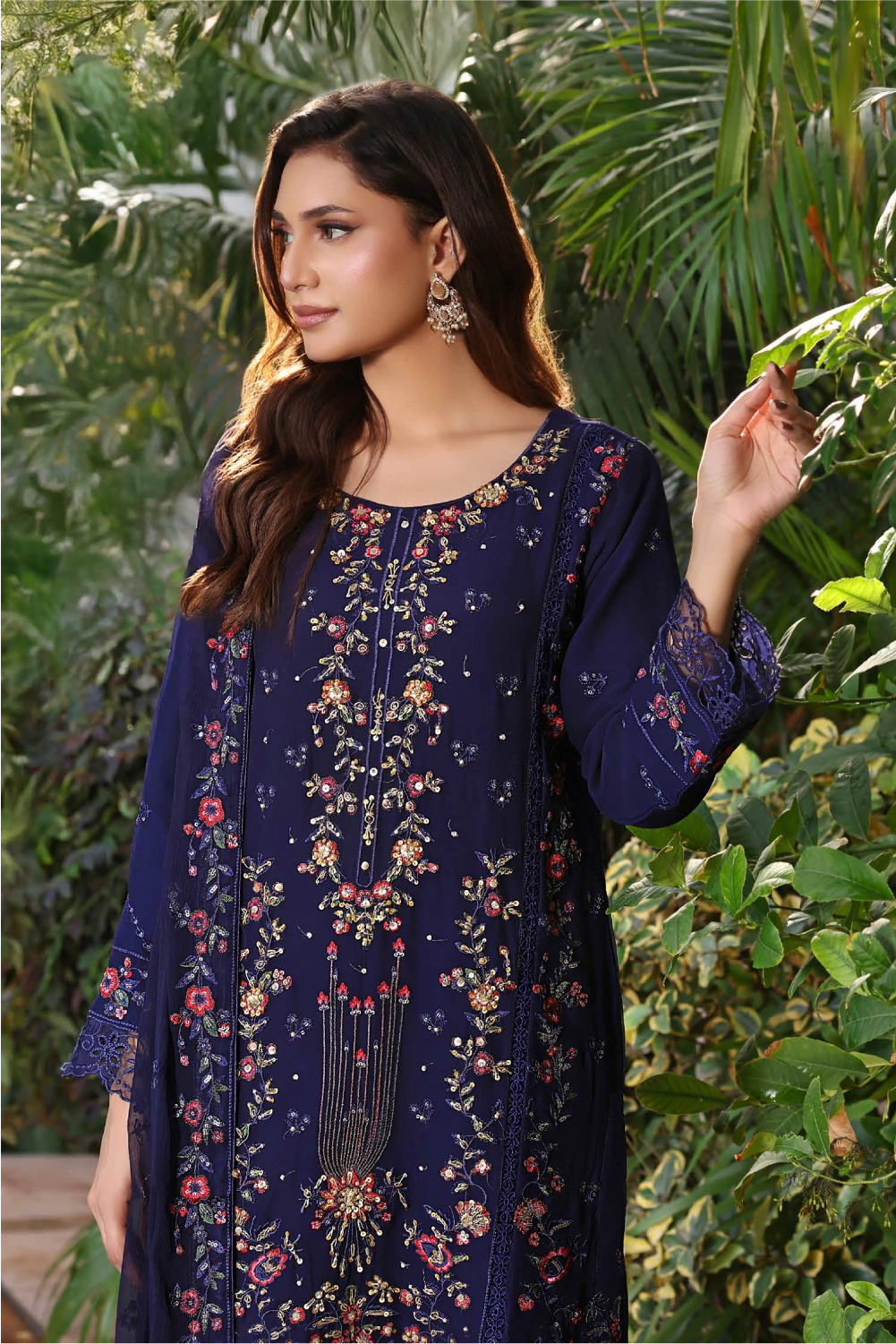 Navy Blue Embroidered Sharara Suit | Drape Edit '26 | Pakistani Party Wear – London