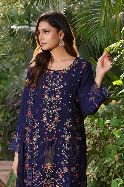 Navy Blue Embroidered Sharara Suit | Drape Edit '26 | Pakistani Party Wear – London