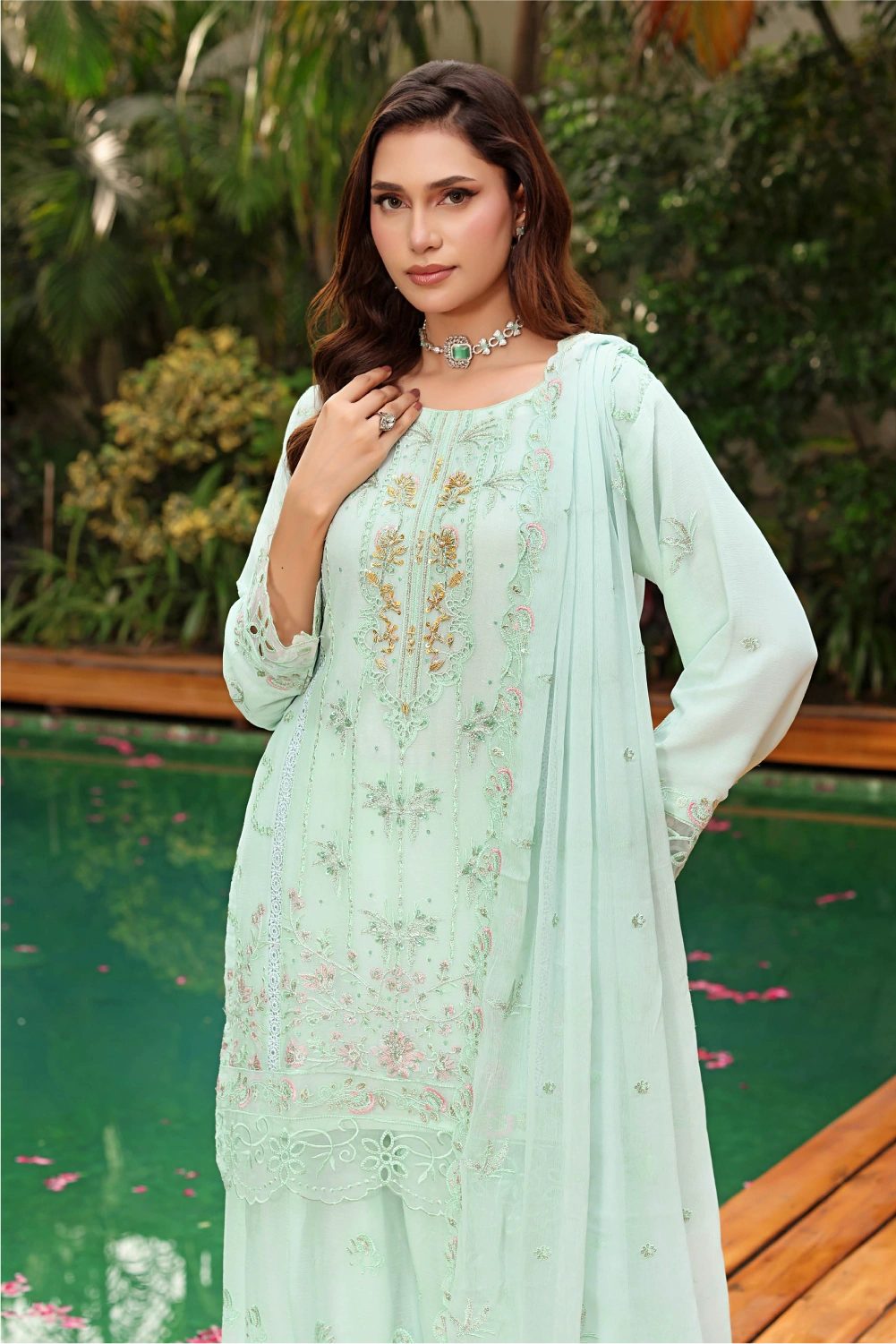Mint Green Embroidered Sharara Suit | Drape Edit '26 | Pakistani Party Wear – London