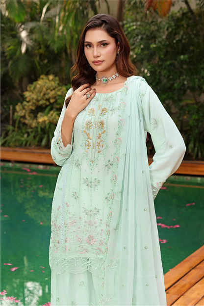 Mint Green Embroidered Sharara Suit | Drape Edit '26 | Pakistani Party Wear – London
