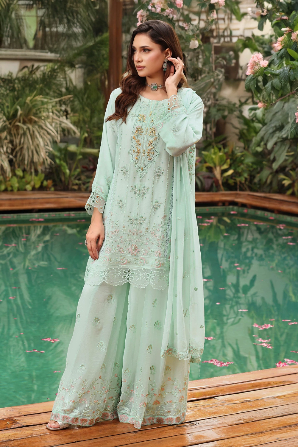 Mint Green Embroidered Sharara Suit | Drape Edit '26 | Pakistani Party Wear – London