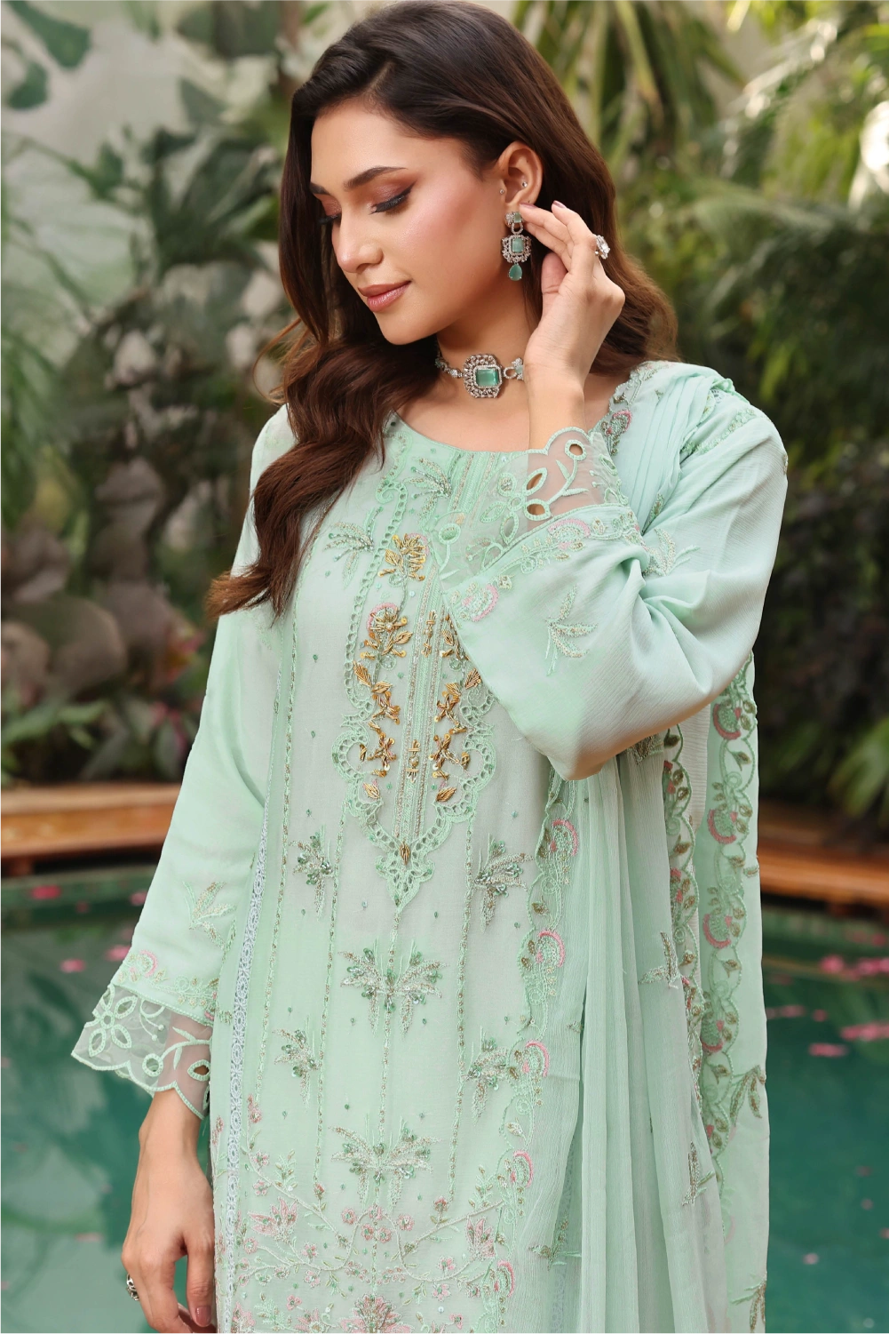Mint Green Embroidered Sharara Suit | Drape Edit '26 | Pakistani Party Wear – London