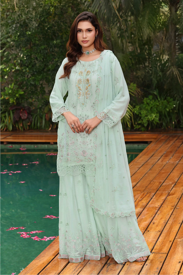 Mint Green Embroidered Sharara Suit | Drape Edit '26 | Pakistani Party Wear – London
