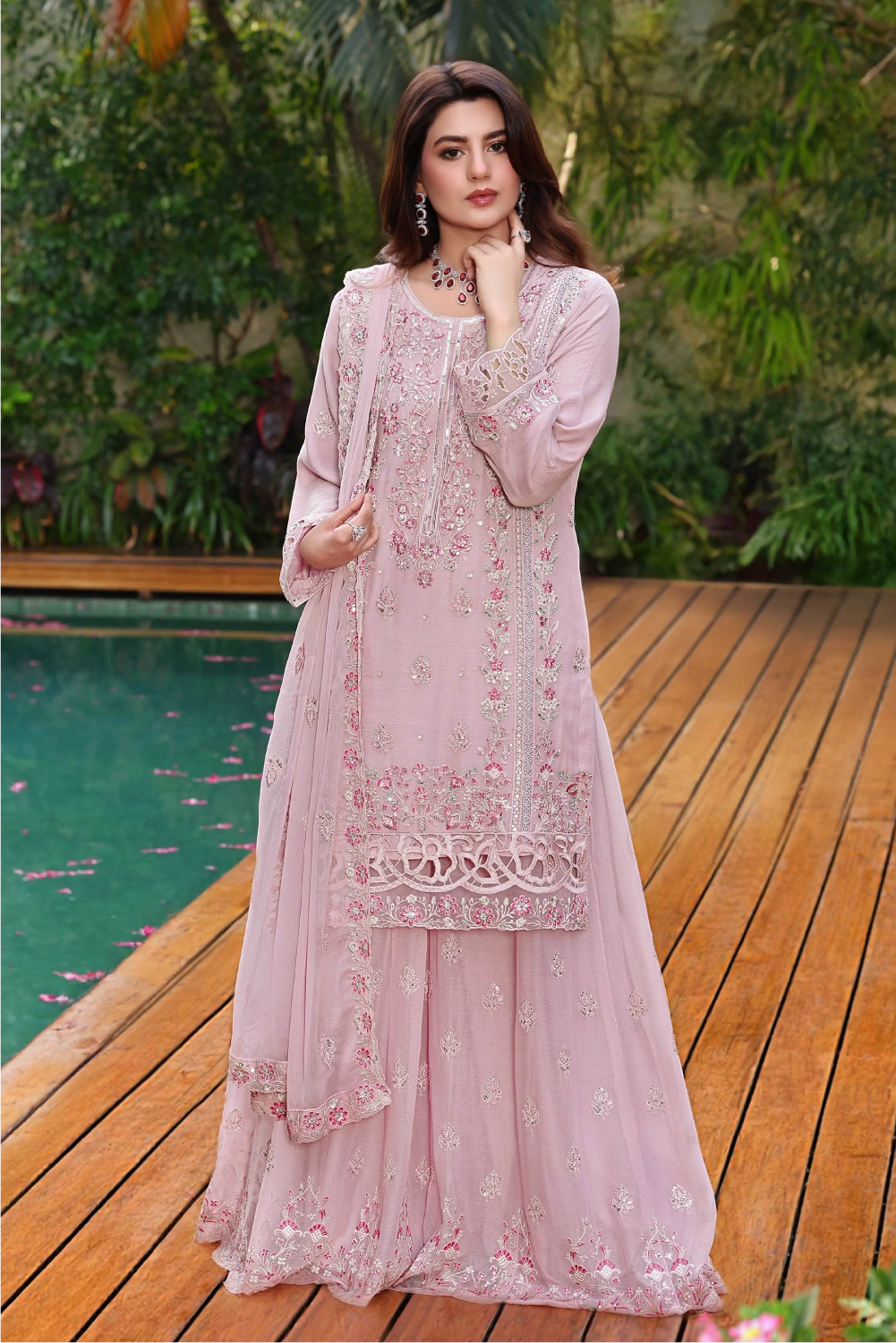 Dusty Rose Embroidered Sharara Suit | Drape Edit '26 | Pakistani Party Wear – London