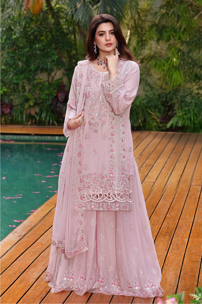 Dusty Rose Embroidered Sharara Suit | Drape Edit '26 | Pakistani Party Wear – London